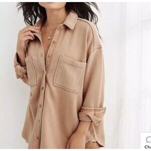 Aerie Fleece Shacket Oversized Button Down Taupe Beige Womens XL
